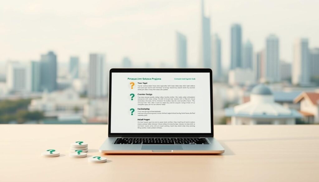 A beautifully designed and professionally typeset image showcasing "Pertanyaan Umum Seputar Beasiswa Grab". A clean, minimalist layout with a warm, soft color palette. The foreground features an array of neatly organized and labeled question icons, each representing a common query about the Grab scholarship program. In the middle ground, a sleek, modern laptop displays pertinent information, lending an air of authority and relevance. The background depicts a serene, blurred cityscape, suggesting the academic and professional opportunities that the scholarship program can unlock. Crisp, even lighting and a shallow depth of field draw the viewer's focus to the central content. The overall aesthetic is polished, informative, and visually engaging, perfectly suited to illustrate the "Pertanyaan Umum Seputar Beasiswa Grab" section of the article.