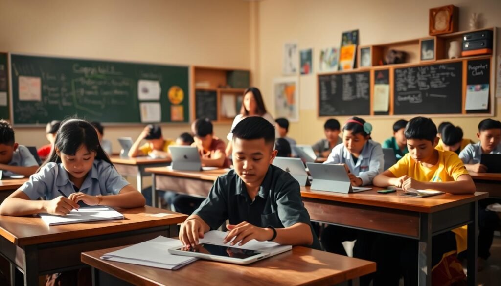 A bustling classroom in Indonesia, with students engaged in active learning. Soft, warm lighting illuminates the scene, casting gentle shadows. In the foreground, a group of students collaboratively work on coding assignments, their faces alight with concentration. In the middle ground, a teacher moves among the desks, offering guidance and encouragement. The background showcases a mix of traditional and modern educational resources, from chalkboards to sleek tablets, reflecting the challenges of integrating new technologies into the existing educational framework. The atmosphere conveys a sense of potential and possibility, tempered by the complexities of modernizing a vast and diverse educational system.