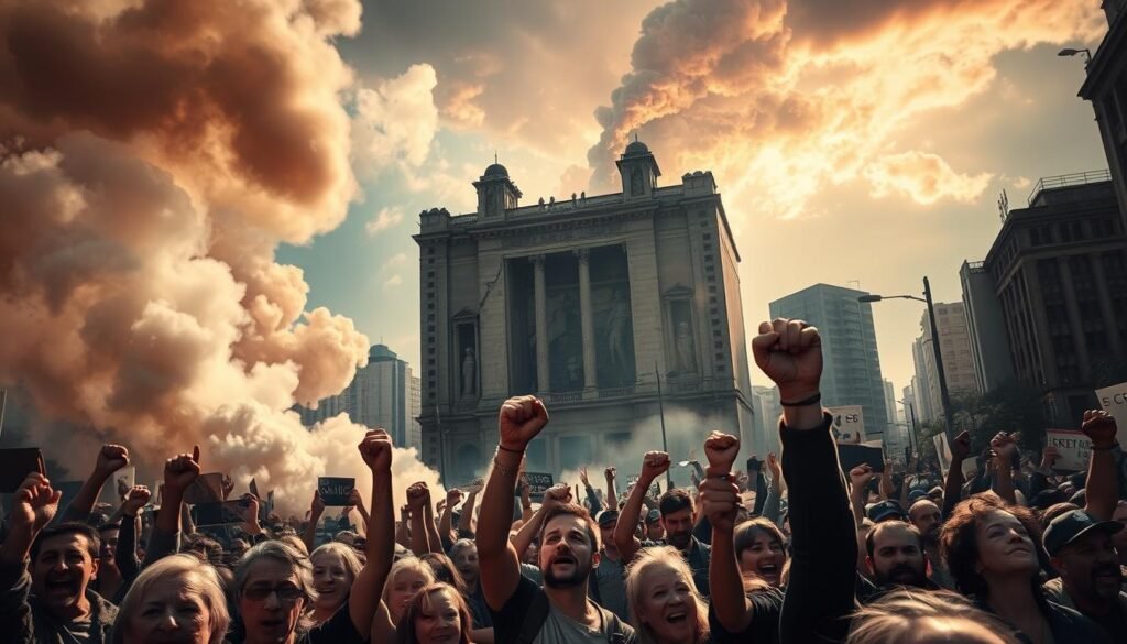 A dramatic scene of social revolution unfolds, with protesters defiantly marching against a backdrop of towering, ominous buildings. In the foreground, a crowd of diverse individuals raise clenched fists, their faces etched with determination and a thirst for change. Billowing clouds of smoke rise from the streets, casting an intense, chiaroscuro lighting that accentuates the sense of unrest and upheaval. In the middle ground, the crumbling facade of an old, monolithic structure symbolizes the collapse of the established order, while the sky above is tinged with a fiery, apocalyptic glow, hinting at the profound societal transformation to come. A dramatic scene of social revolution unfolds, with protesters defiantly marching against a backdrop of towering, ominous buildings. In the foreground, a crowd of diverse individuals raise clenched fists, their faces etched with determination and a thirst for change. Billowing clouds of smoke rise from the streets, casting an intense, chiaroscuro lighting that accentuates the sense of unrest and upheaval. In the middle ground, the crumbling facade of an old, monolithic structure symbolizes the collapse of the established order, while the sky above is tinged with a fiery, apocalyptic glow, hinting at the profound societal transformation to come.