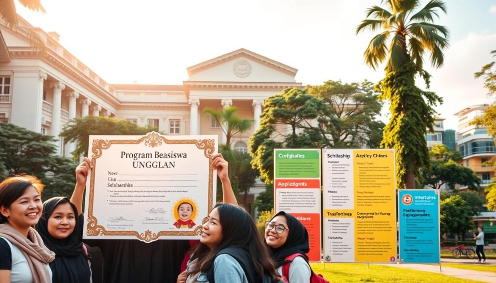 A prestigious academic building with a grand façade, bathed in warm, golden light. In the foreground, a group of diverse students, their faces filled with hope and determination, gathered around a large, ornate scholarship certificate. The middle ground showcases a series of vibrant, informative posters highlighting the details of the "Program Beasiswa Unggulan" - its eligibility criteria, application process, and the transformative opportunities it offers. In the background, a lush, verdant campus landscape, dotted with towering trees and modern academic facilities, creating a sense of intellectual vibrancy and opportunity. The overall scene conveys the prestige, accessibility, and life-changing potential of this exceptional scholarship program.