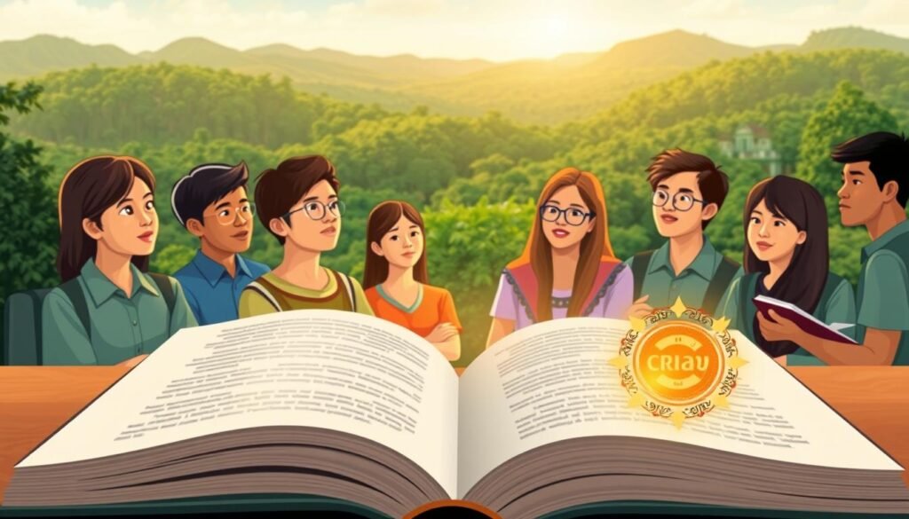 A serene academic setting, featuring a stylized illustration of the "Riau Cerdas" scholarship program. In the foreground, an open book with a glowing emblem symbolizing educational opportunity. In the middle ground, diverse students engaged in thoughtful discussions, their faces filled with anticipation. The background showcases the lush, verdant landscapes of the Riau region, bathed in warm, golden light. The overall composition conveys a sense of intellectual discovery, regional pride, and the transformative power of education.