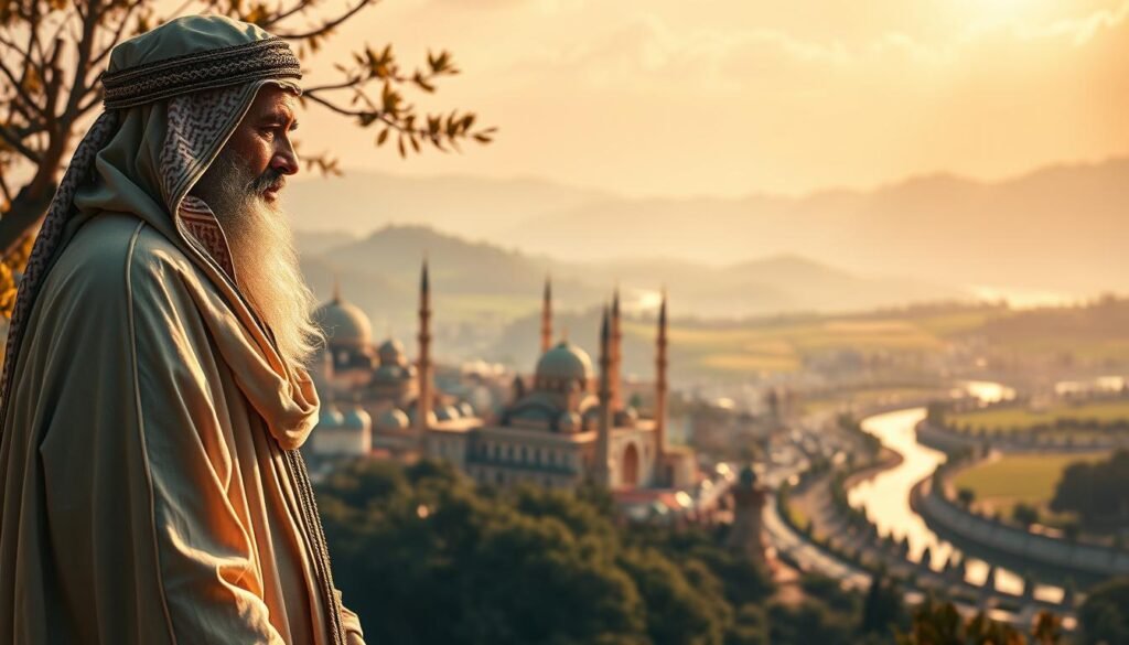 A serene and contemplative scene depicting the principles of Islamic leadership. In the foreground, a wise and benevolent ruler stands tall, garbed in traditional Middle Eastern robes and head coverings, exuding an aura of compassion and justice. The middle ground features a bustling city, with ornate domes and minarets, symbolizing the prosperity and order under righteous governance. In the background, a lush, verdant landscape with rolling hills and a glistening river reflects the harmony and balance inherent in the Islamic model of leadership. Soft, warm lighting casts a golden glow, evoking a sense of timelessness and spirituality. The overall atmosphere conveys the virtues of Islamic leadership - wisdom, benevolence, and a commitment to the well-being of the community.