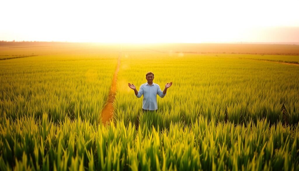 A serene, ethereal landscape of lush, verdant rice paddies stretches out under a warm, golden hour glow. Wisps of mist drift lazily between the swaying stalks, imbuing the scene with a tranquil, almost spiritual atmosphere. In the foreground, a solitary farmer stands amidst the paddy, hands outstretched as if communing with the land, their aura palpable and radiant, enveloping the surrounding plants. The background fades into a hazy, dreamlike horizon, suggesting a connection between the physical and the metaphysical. The image conveys a sense of harmony, balance, and the profound relationship between humankind and the natural world.