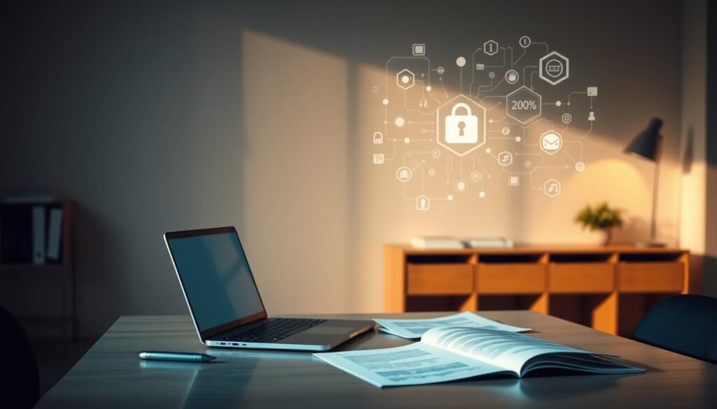 A serene, minimalist office scene with a laptop, open documents, and a sense of digital security. Warm, indirect lighting casts soft shadows, creating a focused, contemplative atmosphere. In the background, abstract digital patterns and icons symbolize the intricacies of cybersecurity regulations. The composition conveys a balance of technology and policy, highlighting the importance of well-crafted digital governance. The overall mood is one of considered deliberation, reflecting the gravitas of the subject matter.