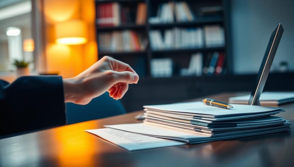 A sleek, modern office desk with a laptop, pen, and stack of documents, illuminated by warm, directional lighting. In the foreground, a hand hovers over a document, ready to upload it digitally. The background features a blurred bookshelf, conveying an academic, scholarly atmosphere. The overall scene evokes a sense of organization, professionalism, and the process of preparing and submitting scholarship application materials.