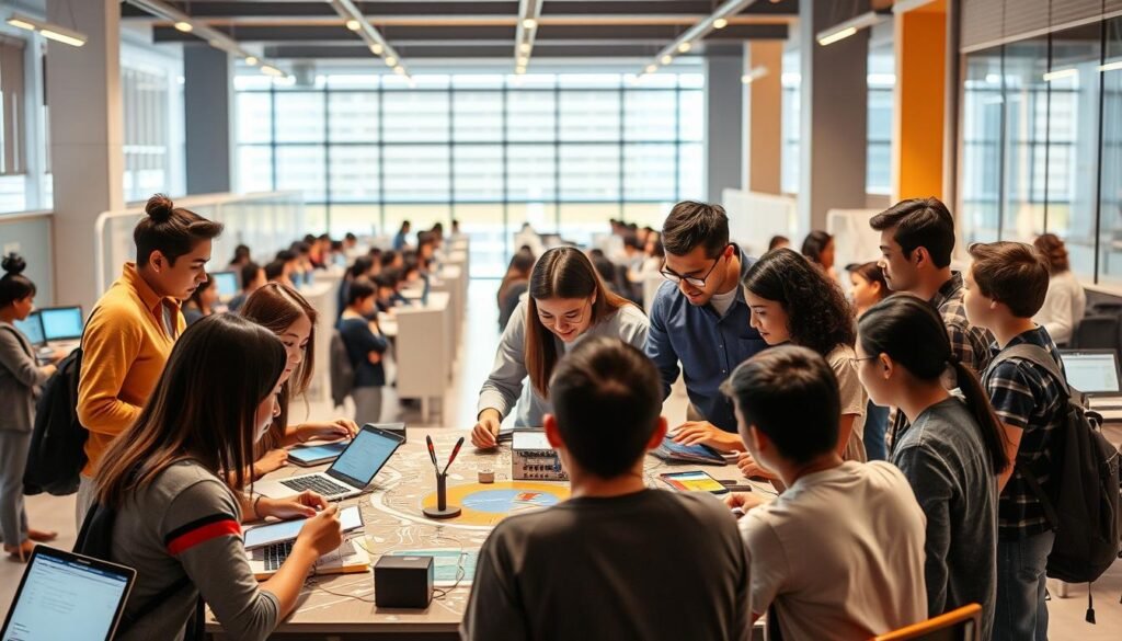 A vibrant and harmonious collaboration between the realms of education and technology. In the foreground, a group of diverse students and educators engage in an interactive learning session, surrounded by a futuristic array of digital devices and interfaces. The middle ground showcases a dynamic exchange of knowledge, with experts from leading technology institutes mentoring and guiding the young minds. In the background, a sleek and modern campus setting, complete with state-of-the-art laboratories and cutting-edge infrastructure, serves as the backdrop for this partnership. Warm, golden lighting casts a sense of warmth and optimism, reflecting the shared vision of empowering the next generation through the seamless integration of education and technology.