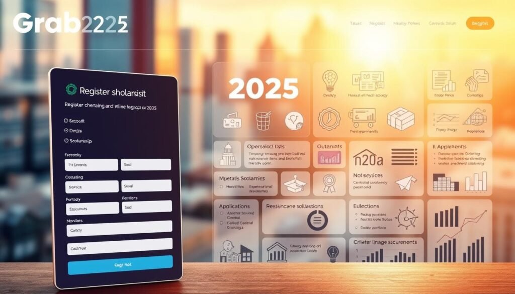A vibrant online registration interface for the Grab 2025 scholarship program. In the foreground, a sleek digital form with input fields for personal details, educational background, and application materials. The middle ground features a dynamic array of icons, graphs, and infographics highlighting the scholarship's key benefits and requirements. The background showcases a blurred cityscape, conveying a sense of progress and opportunity. The scene is bathed in a warm, inviting color palette, creating an atmosphere of accessibility and professionalism. Subtle lighting effects add depth and emphasis to the digital elements. The overall composition strikes a balance between informative content and visually engaging design, making the online registration process feel streamlined and user-friendly.