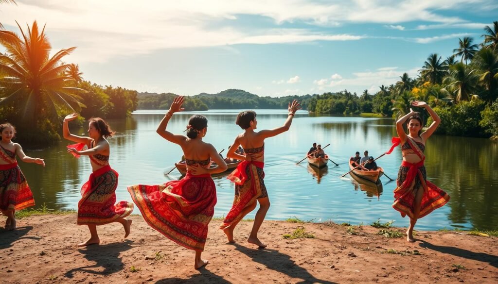 A vibrant scene of young "penari pacu jalur" (traditional river boat racing dancers) performing their energetic, synchronized moves on the banks of a scenic waterway. The dancers, adorned in colorful, intricate costumes, move with graceful fluidity, their bodies twisting and turning in harmony with the rhythmic beat of the music. The foreground is alive with the dynamic poses of the dancers, while the middle ground features the sleek, wooden "pacu jalur" boats gliding across the still, reflective waters. In the background, lush tropical foliage and a clear, azure sky create a captivating natural setting, conveying a sense of cultural celebration and community. The lighting is warm and vibrant, casting a golden glow over the entire scene, evoking a joyful, celebratory atmosphere.