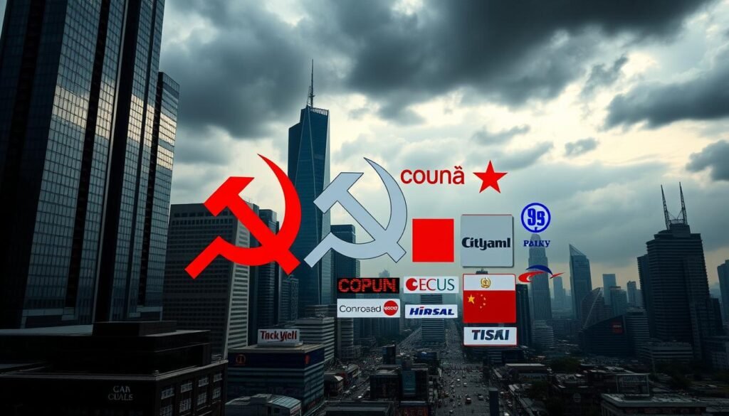 A visually striking scene depicting the influence of globalization on Marxist theory. In the foreground, a towering, modern cityscape with sleek, glass skyscrapers and bustling streets, representing the rapid urbanization and industrialization driven by global capitalism. In the middle ground, a clash of symbols - the iconic hammer and sickle of Communism juxtaposed against the ubiquitous logos of multinational corporations, hinting at the tensions between Marxist ideals and the realities of the globalized world. In the background, a dimly lit, turbulent sky, evoking a sense of unease and the potential for social upheaval. The lighting is dramatic, casting long shadows and highlighting the contrasts between the old and new, the local and the global. Captured through a wide-angle lens, the scene conveys a sense of scale and the overwhelming influence of globalization on traditional Marxist theory. A visually striking scene depicting the influence of globalization on Marxist theory. In the foreground, a towering, modern cityscape with sleek, glass skyscrapers and bustling streets, representing the rapid urbanization and industrialization driven by global capitalism. In the middle ground, a clash of symbols - the iconic hammer and sickle of Communism juxtaposed against the ubiquitous logos of multinational corporations, hinting at the tensions between Marxist ideals and the realities of the globalized world. In the background, a dimly lit, turbulent sky, evoking a sense of unease and the potential for social upheaval. The lighting is dramatic, casting long shadows and highlighting the contrasts between the old and new, the local and the global. Captured through a wide-angle lens, the scene conveys a sense of scale and the overwhelming influence of globalization on traditional Marxist theory.