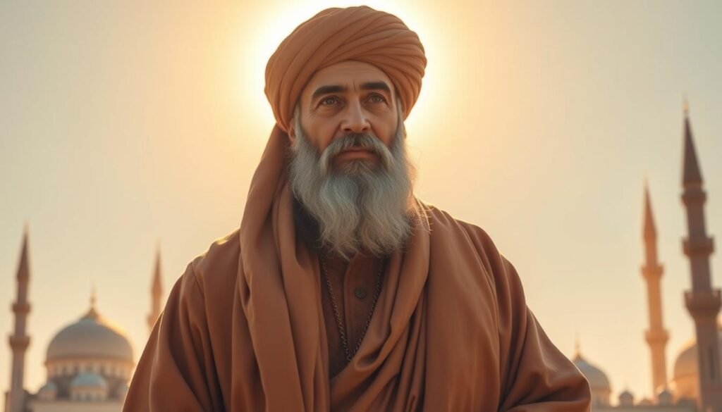 A wise and compassionate leader, standing tall and serene, adorned in flowing robes and a dignified turban. Surrounded by a halo of warm, golden light, their gaze reflects profound wisdom and a steadfast commitment to justice. In the background, the iconic silhouettes of mosques and minarets hint at the leader's unwavering faith and connection to the teachings of the Quran. The scene exudes a sense of tranquility and spiritual guidance, embodying the essence of exemplary leadership as described in the holy scripture.