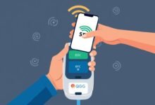 Ilustrasi QRIS Tap dengan smartphone yang didekatkan ke mesin EDC