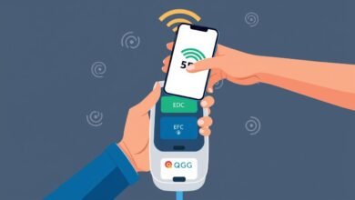 Ilustrasi QRIS Tap dengan smartphone yang didekatkan ke mesin EDC