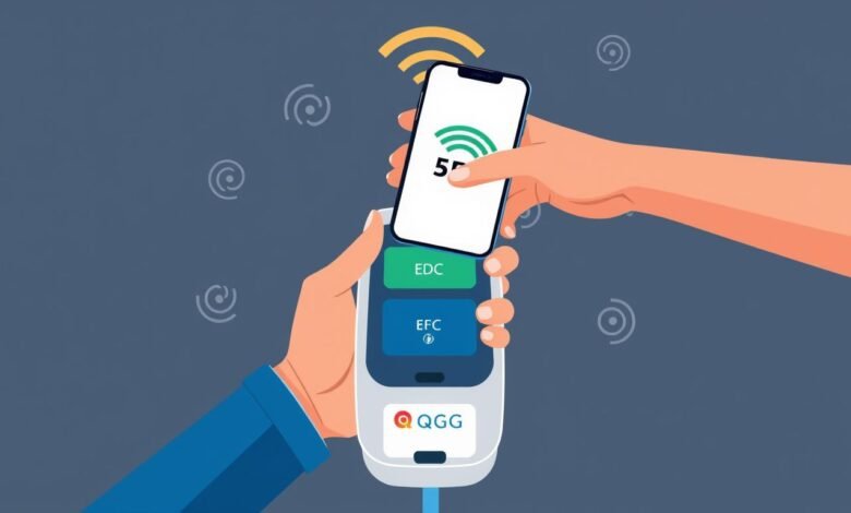 Ilustrasi QRIS Tap dengan smartphone yang didekatkan ke mesin EDC