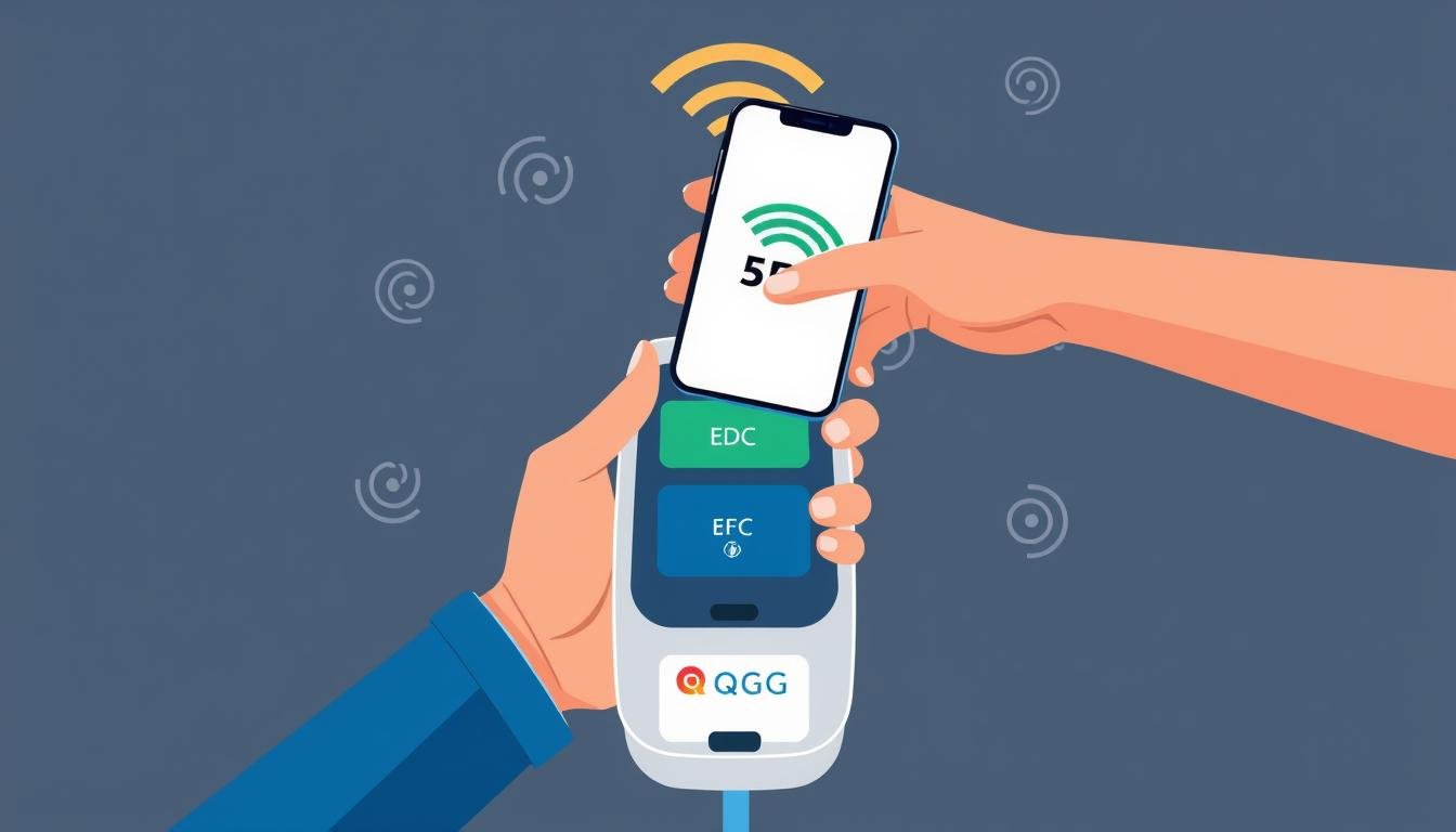Ilustrasi QRIS Tap dengan smartphone yang didekatkan ke mesin EDC