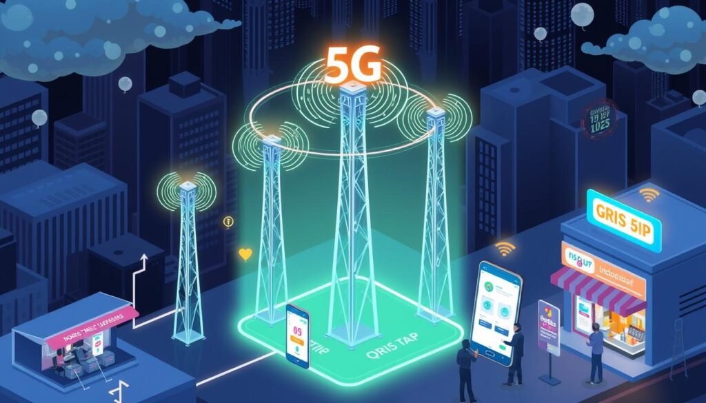 Ilustrasi jaringan 5G mendukung transaksi QRIS Tap