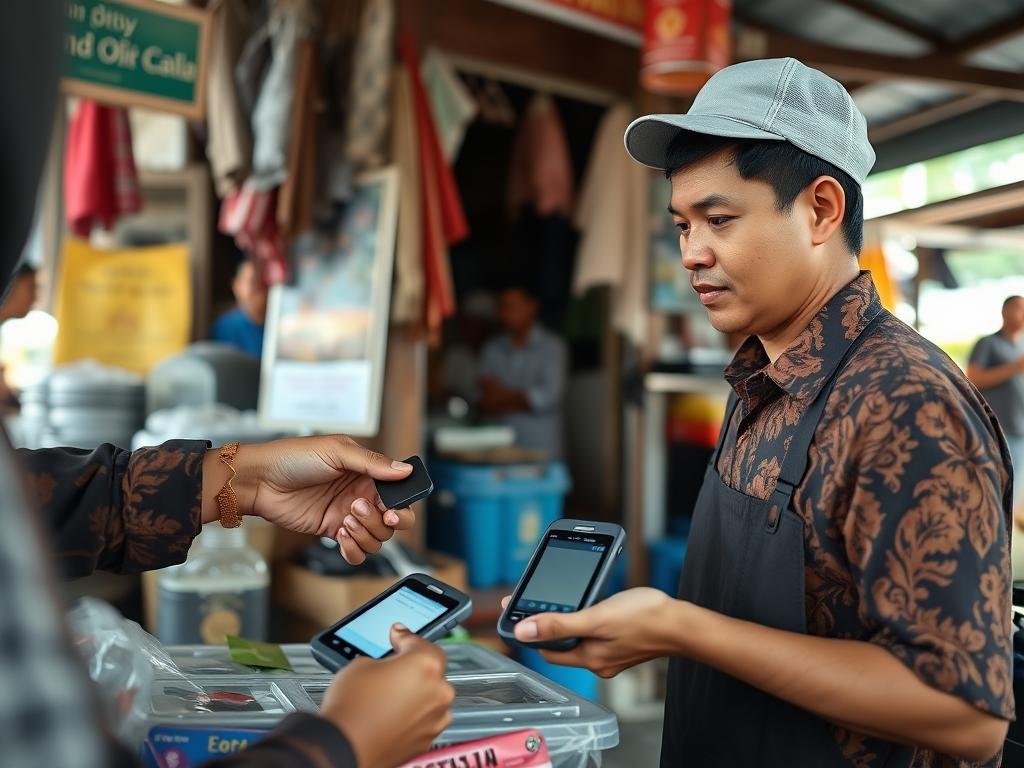 Pedagang UMKM menggunakan QRIS Tap untuk menerima pembayaran
