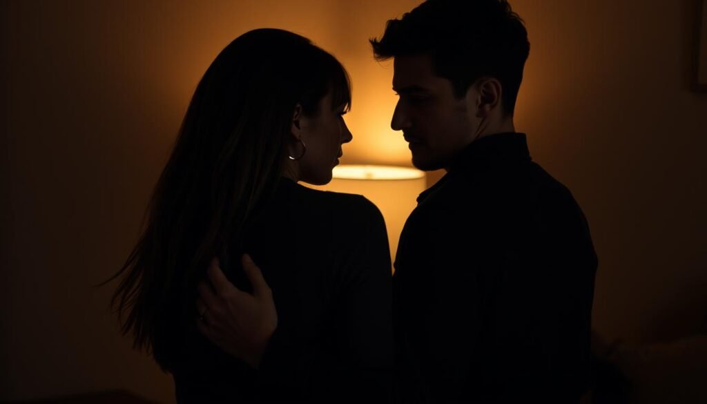 A couple embracing, their expressions somber and distant, as they stand in a dimly lit room. The warm glow of a single lamp casts soft shadows, creating an atmosphere of melancholy and betrayal. The woman's face is turned away, her body language conveying a sense of hurt and disillusionment. The man's hand rests hesitantly on her shoulder, a gesture of apology or regret. The background is blurred, focusing the viewer's attention on the couple's emotional turmoil. The scene evokes the themes of infidelity, broken trust, and the complex emotions that often accompany the breakdown of a relationship. A couple embracing, their expressions somber and distant, as they stand in a dimly lit room. The warm glow of a single lamp casts soft shadows, creating an atmosphere of melancholy and betrayal. The woman's face is turned away, her body language conveying a sense of hurt and disillusionment. The man's hand rests hesitantly on her shoulder, a gesture of apology or regret. The background is blurred, focusing the viewer's attention on the couple's emotional turmoil. The scene evokes the themes of infidelity, broken trust, and the complex emotions that often accompany the breakdown of a relationship.