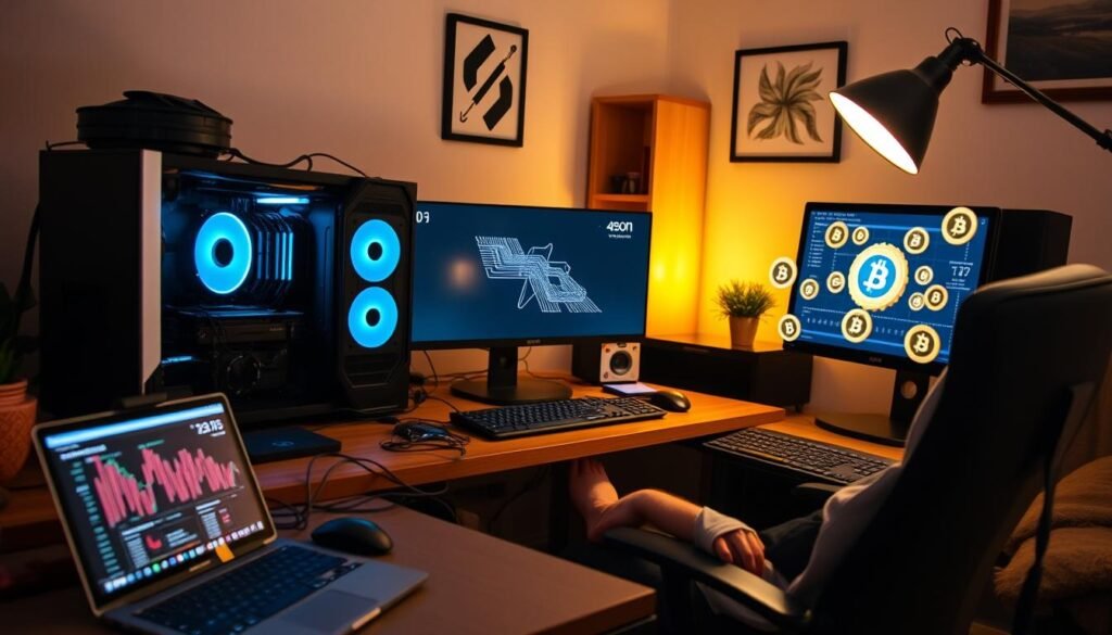 A cozy home office with a person sitting at a desk, deep in concentration as they operate a high-powered mining rig. The desk is cluttered with cables, monitors, and a sleek, modern PC tower. Beside the rig, a tablet displays blockchain transaction data, with virtual cryptocurrency symbols floating around the screen. Warm, diffused lighting from a floor lamp casts a soft glow, creating a productive and immersive atmosphere. The room's decor blends minimalist style with functional tech, reflecting the intersection of cryptocurrency mining and the comfort of a home workspace.