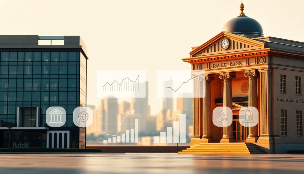 A sleek, minimalist comparison of a modern Islamic bank and a traditional commercial bank. In the foreground, two contrasting buildings stand side-by-side, one with a geometric, glass facade and the other with a more ornate, classical design. In the middle ground, stylized icons and graphs depict key financial metrics, highlighting the performance differences between the two banking models. The background features a blurred cityscape, conveying a sense of the larger economic landscape. The scene is illuminated by warm, directional lighting, creating depth and emphasizing the architectural details. The overall tone is professional and analytical, inviting the viewer to thoughtfully consider the nuances between Islamic and conventional banking. A sleek, minimalist comparison of a modern Islamic bank and a traditional commercial bank. In the foreground, two contrasting buildings stand side-by-side, one with a geometric, glass facade and the other with a more ornate, classical design. In the middle ground, stylized icons and graphs depict key financial metrics, highlighting the performance differences between the two banking models. The background features a blurred cityscape, conveying a sense of the larger economic landscape. The scene is illuminated by warm, directional lighting, creating depth and emphasizing the architectural details. The overall tone is professional and analytical, inviting the viewer to thoughtfully consider the nuances between Islamic and conventional banking.