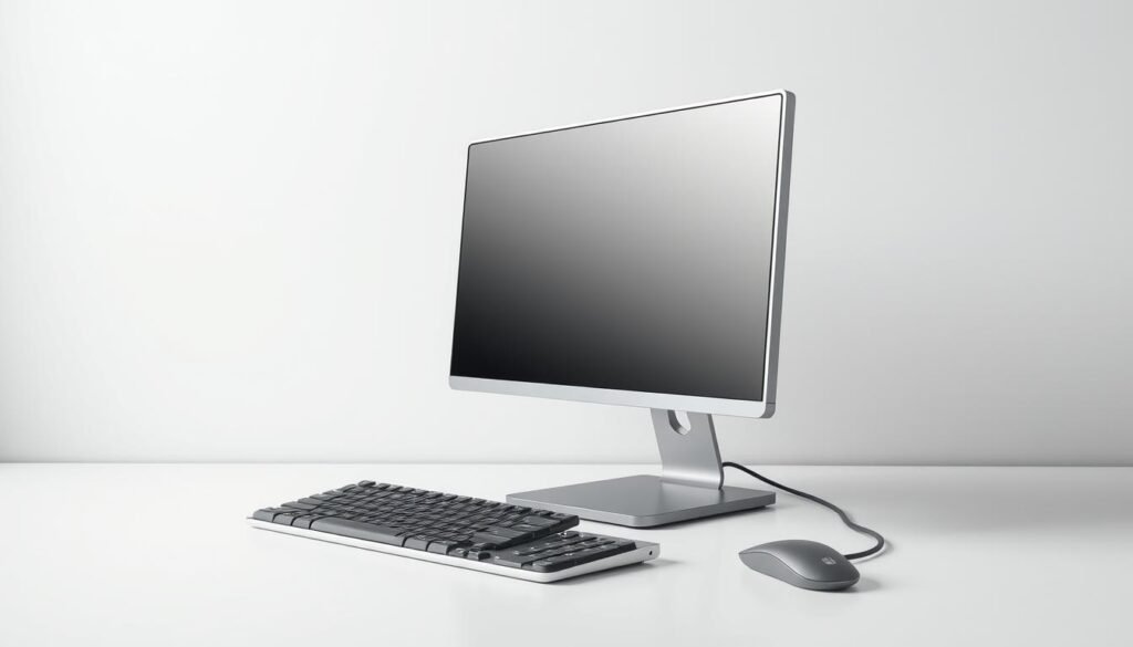 A sleek, modern desktop computer system with a minimalist design, sitting on a clean, uncluttered workspace. The system unit has a smooth, metallic finish, with clean lines and a minimalist aesthetic. The display is a high-resolution, edge-to-edge monitor with a slim, brushed aluminum frame. The keyboard and mouse are wireless, with a modern, ergonomic design that complements the overall system. The lighting is soft and diffused, creating a calm, professional atmosphere. The composition is balanced, with the system taking center stage, surrounded by a neutral, yet elegant background that emphasizes its technical prowess and visual appeal.
