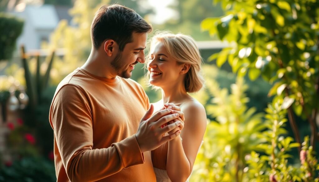 A tranquil scene of a loving couple, their hands intertwined, gazing into each other's eyes with a serene, contented expression. The warm, soft lighting creates an intimate, calming atmosphere, hinting at the emotional and physical harmony they share. In the background, a lush, verdant garden symbolizes the nourishing, life-giving nature of their relationship. The composition is balanced, with the couple positioned centrally, their connection the focal point. A sense of harmony, trust, and mutual support radiates from the image, conveying the importance of physical and emotional wellbeing in a successful marriage. A tranquil scene of a loving couple, their hands intertwined, gazing into each other's eyes with a serene, contented expression. The warm, soft lighting creates an intimate, calming atmosphere, hinting at the emotional and physical harmony they share. In the background, a lush, verdant garden symbolizes the nourishing, life-giving nature of their relationship. The composition is balanced, with the couple positioned centrally, their connection the focal point. A sense of harmony, trust, and mutual support radiates from the image, conveying the importance of physical and emotional wellbeing in a successful marriage.
