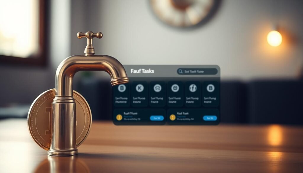 A well-lit faucet-shaped cryptocurrency token or coin is displayed prominently in the foreground, gently catching the light from an angle. The faucet's metallic surface reflects the room's ambiance, creating a sleek and modern aesthetic. In the middle ground, a simple yet intuitive user interface showcases various cryptocurrency faucet tasks, encouraging the viewer to engage with the straightforward earning opportunities. The background is softly blurred, conveying a sense of focus on the central faucet crypto element and the associated earning activities. The overall composition and lighting evoke a professional, polished, and inviting atmosphere, enticing the viewer to explore the concept of effortless cryptocurrency accumulation.