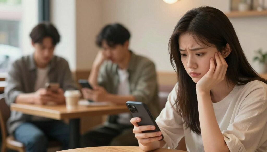 A digital illustration depicting the psychological impact of dating apps on users. In the foreground, feature a young adult woman with a pensive expression, dressed in modest casual clothing, looking thoughtfully at her smartphone. In the middle ground, show a blurred background of a cozy café setting with soft lighting, where other individuals are also engaging with their devices, their faces showing a mix of hope and anxiety. The overall atmosphere should feel introspective and slightly melancholic, with warm tones to create a sense of connection yet isolation. Use a shallow depth of field to focus on the woman while subtly hinting at the emotional effects these apps can have on relationships. The angle should be slightly above eye level, casting soft natural light on the subjects.