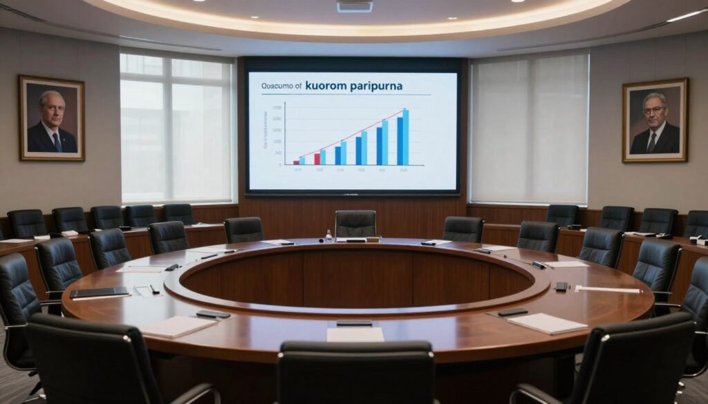 A formal meeting room with a large, oval table in the foreground, surrounded by 25 empty, neatly arranged chairs. The middle ground features a large digital screen displaying a graph representing quorum rules, emphasizing the concept of "kuorum paripurna" in a legislative context. In the background, large windows allow soft, natural light to illuminate the room, creating a professional atmosphere. The walls are adorned with framed portraits of past legislative leaders, reinforcing the importance of governance. The mood is serious and contemplative, reflecting the weight of decision-making in legislative processes. The camera angle is slightly elevated, providing a clear view of the table and the screen, focusing on the emptiness of the space, symbolizing the absenteeism highlighted in the article section.