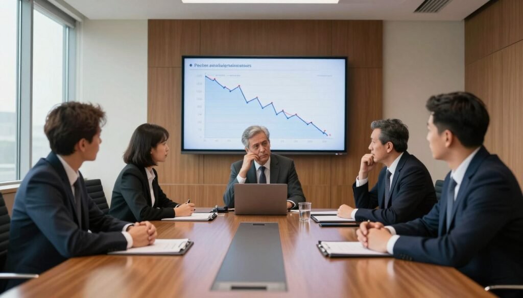 A formal meeting room with a long wooden conference table in the foreground, surrounded by modern ergonomic chairs. A diverse group of five business professionals in formal attire, two men and three women, are engaged in discussion, their expressions focused yet concerned. In the middle ground, a large wall-mounted screen displays a chart showing declining performance metrics, emphasizing the tension in the room. The background features floor-to-ceiling windows letting in soft, natural light, casting a warm glow over the scene. The atmosphere feels tense yet professional, capturing the impact of absenteeism on performance within a legislative context. A wide-angle lens perspective enhances the depth of the room, highlighting the contrast between the busy meeting and the chart's disturbing trends.