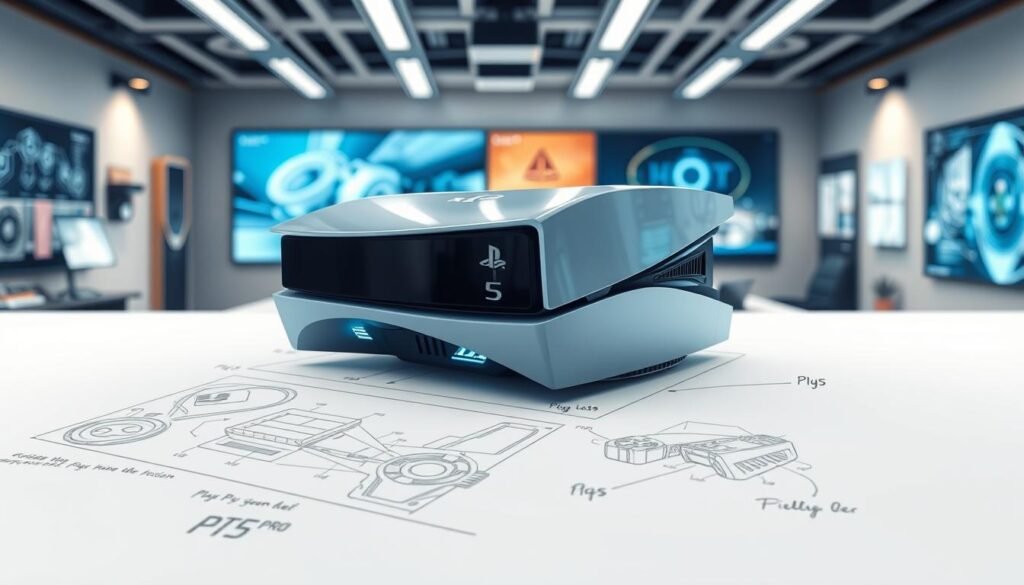 A futuristic PS5 Pro console design displayed prominently on a sleek, modern patent-style sketch backdrop. The console features sharp, angular lines and a glossy finish, showcasing innovative cooling vents and a unique illuminated logo. In the foreground, intricate patent diagrams highlight key design elements with technical annotations. The middle layer includes a translucent overlay to emphasize the console's inner components, while the background is adorned with a blurred, high-tech workspace ambiance filled with creative tools and large screens displaying digital designs. Soft, diffused lighting casts gentle shadows, enhancing the polished appearance. The overall mood is professional and innovative, conveying a sense of cutting-edge technology and design sophistication.