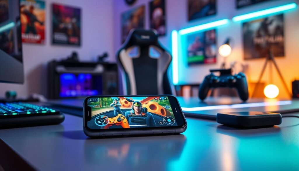 A modern gaming setup featuring an iPhone prominently on a sleek desk, surrounded by high-end gaming accessories. In the foreground, display the iPhone with its screen showcasing vibrant graphics of a popular mobile game, emphasizing its optimized display settings. In the middle ground, include a stylish gaming chair and a set of gaming controllers, with soft LED lights illuminating the scene in blue and green hues to create an immersive atmosphere. The background features a wall adorned with gaming posters and ambient lighting, subtly hinting at a futuristic gaming room. The overall mood should be energetic and focused, capturing the essence of gaming optimization. The image should be well-lit, with a soft focus effect, evoking excitement for mobile gaming enhancements.