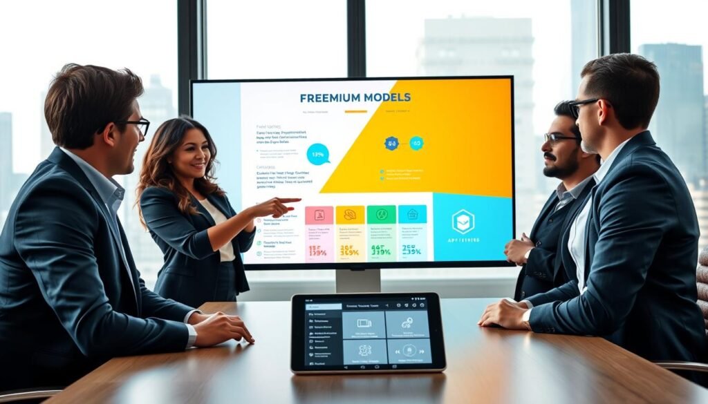 A modern office setting showcasing a professional, diverse team of four individuals, wearing business attire, engaged in a vibrant discussion around a large screen displaying a visually striking infographic about freemium models. In the foreground, a confident woman points at the screen, highlighting key points, while two men look on, nodding in agreement. In the middle, a tablet is placed on a conference table, showing app features with free and premium tiers clearly illustrated. The background features a large window with city skyline views, bathed in soft, natural light, creating a focused yet dynamic atmosphere. The overall mood is collaborative and innovative, emphasizing the fusion of free and premium offerings in app development.