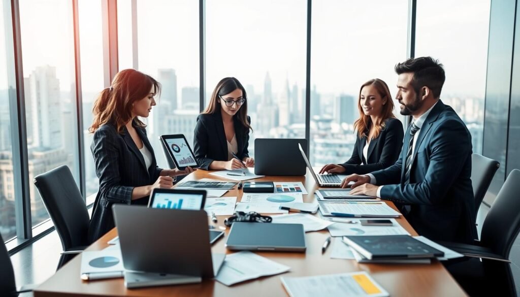 A professional business meeting scene illustrating mobile app monetization strategies. In the foreground, a diverse group of three professionals dressed in smart business attire, two women and one man, are analyzing charts and graphs displayed on a tablet and laptop, representing various monetization models like ads, subscriptions, and in-app purchases. In the middle, a well-organized conference table cluttered with digital devices, documents, and market analysis reports. In the background, a large window with a city skyline view, bathed in soft, natural light suggesting an optimistic atmosphere. The overall mood is collaborative and forward-thinking, conveying the essence of choosing the right monetization model for free apps.