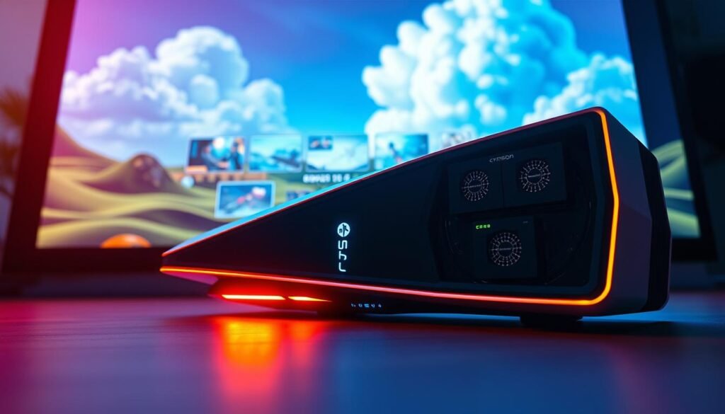 A sleek, futuristic gaming console design, inspired by Sony's PS5 Pro patent, prominently featured in the foreground. The console showcases two integrated GPUs with intricate cooling systems visible, paired with separate memory modules. The middle ground features a glowing cloud gaming interface with streams of dynamic game visuals, signifying high-speed gameplay and connectivity. In the background, a stylized digital landscape with abstract clouds represents the cloud gaming concept. Bright, vibrant neon lights illuminate the scene, creating a tech-savvy atmosphere. The angle is a dramatic low perspective, emphasizing the console's powerful look. The mood is energetic and innovative, highlighting the future of gaming technology.