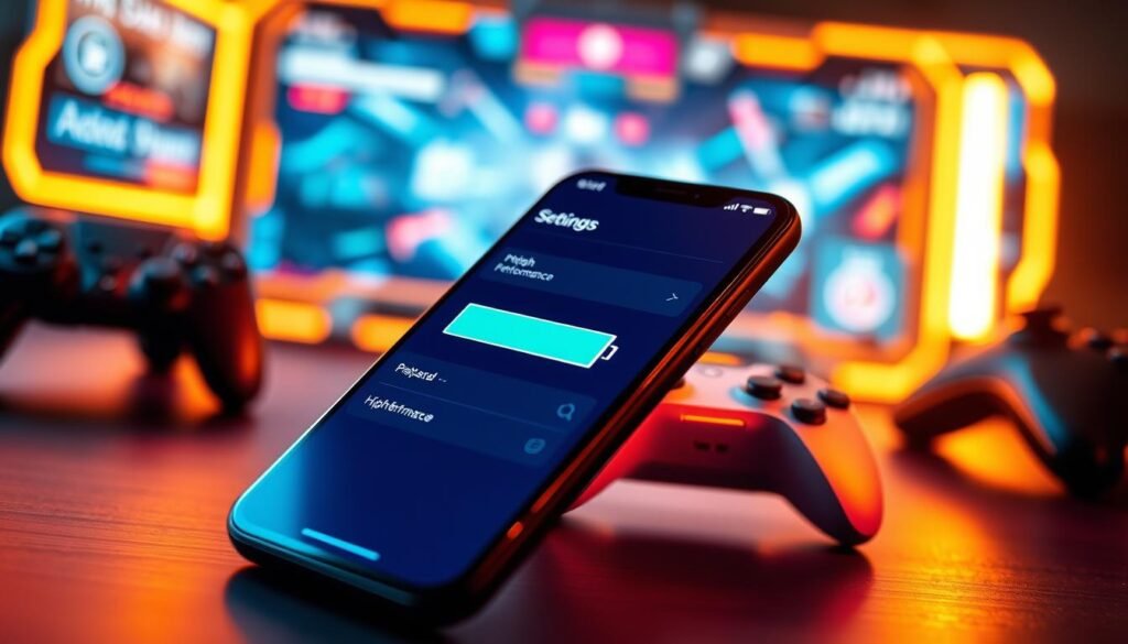 A sleek, modern iPhone displaying its battery settings screen, surrounded by dynamic gaming elements like virtual game controls and vibrant graphics. In the foreground, the iPhone is angled slightly to the right, showcasing a vivid battery icon indicating high performance. The background features a blurred image of an intense gaming environment with neon lights and a futuristic interface. Warm, ambient lighting highlights the iPhone, creating an inviting tech-centric atmosphere. The scene captures the essence of optimization and performance enhancement for gaming on mobile devices, emphasizing a sleek aesthetic with a professional touch. No text or watermarks are present in the image.