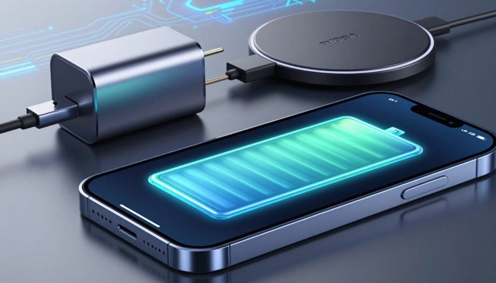 A close-up view of a modern smartphone battery and charging technology. In the foreground, prominently display a sleek smartphone with a high-capacity battery symbol on its screen, glowing softly to indicate charging. In the middle ground, illustrate advanced charging accessories, such as a rapid charger and a wireless charging pad, with detailed textures and reflections. In the background, include a subtle hint of futuristic technology vibes, like circuit patterns or digital interfaces, softly illuminated. Use bright, clear lighting to evoke a sense of innovation and efficiency, focusing on a crisp, sharp angle to emphasize the details. The atmosphere should feel dynamic and cutting-edge, reflecting the advancements in smartphone battery technology.