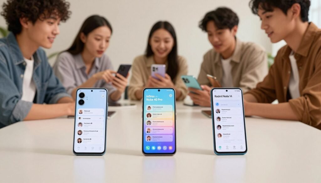 A detailed comparison scene featuring three smartphones: the OPPO Reno12, Infinix Note 40 Pro, and Redmi Note 14, arranged on a sleek, modern table. In the foreground, the smartphones display their screens showing user reviews and ratings depicted in a vibrant, engaging manner. The middle ground consists of a professional, diverse group of users in smart casual clothing, discussing the smartphones enthusiastically, with expressions of interest and approval. In the background, a subtle office setting with soft, diffused lighting creates a warm and inviting atmosphere. Use a shallow depth of field to highlight the phones and users, and employ a slightly elevated angle for an engaging perspective. The overall mood should be focused and lively, emphasizing user engagement and reputation.