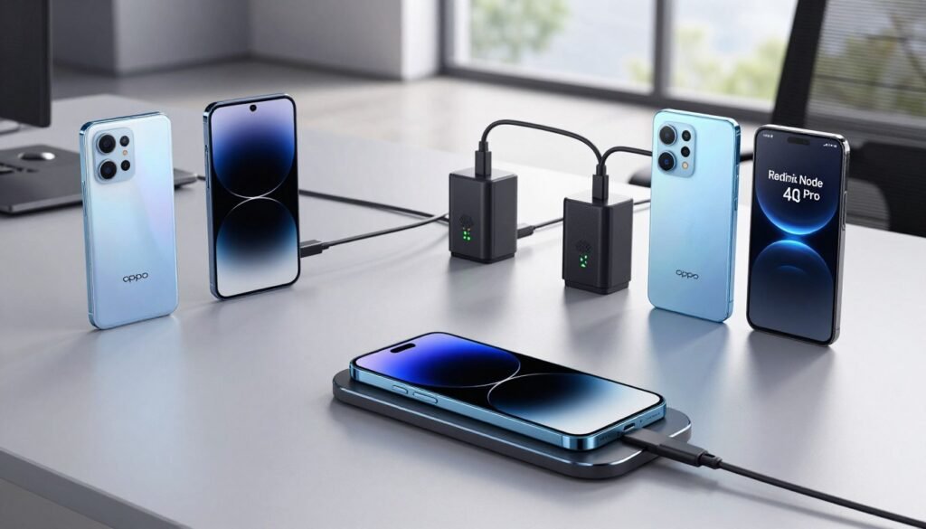 A modern, sleek workspace featuring an array of smartphone devices showcasing fast charging and wireless charging technologies. In the foreground, a high-tech wireless charging pad is highlighted with a smartphone gently resting on it, glowing softly to indicate charging. The middle ground includes a table with smartphones like OPPO Reno12, Infinix Note 40 Pro, and Redmi Note 14, some plugged into fast chargers with vibrant LED indicators, illustrating a juxtaposition between both charging methods. The background shows a blurred view of a contemporary office setting with natural light streaming through large windows, creating an energetic yet professional atmosphere. The shot is taken from a slight overhead angle, emphasizing the devices and their charging solutions while maintaining a clean and uncluttered aesthetic.