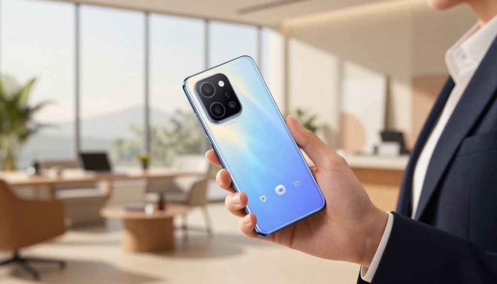 A sleek illustration of the Vivo V30 smartphone showcasing its camera features, set in an indoor environment. In the foreground, the Vivo V30 is held by a person in professional business attire, demonstrating its user-friendly interface and camera capabilities. The background features a soft focus of a stylish, modern office space with natural lighting filtering through large windows, creating a warm and inviting atmosphere. The composition is shot at a slight low angle to emphasize the smartphone, highlighting its design and detail. The lighting should be bright yet soft, casting subtle shadows that enhance the product’s features. The scene conveys a sense of sophistication and modernity, appealing to photography enthusiasts and casual users alike.